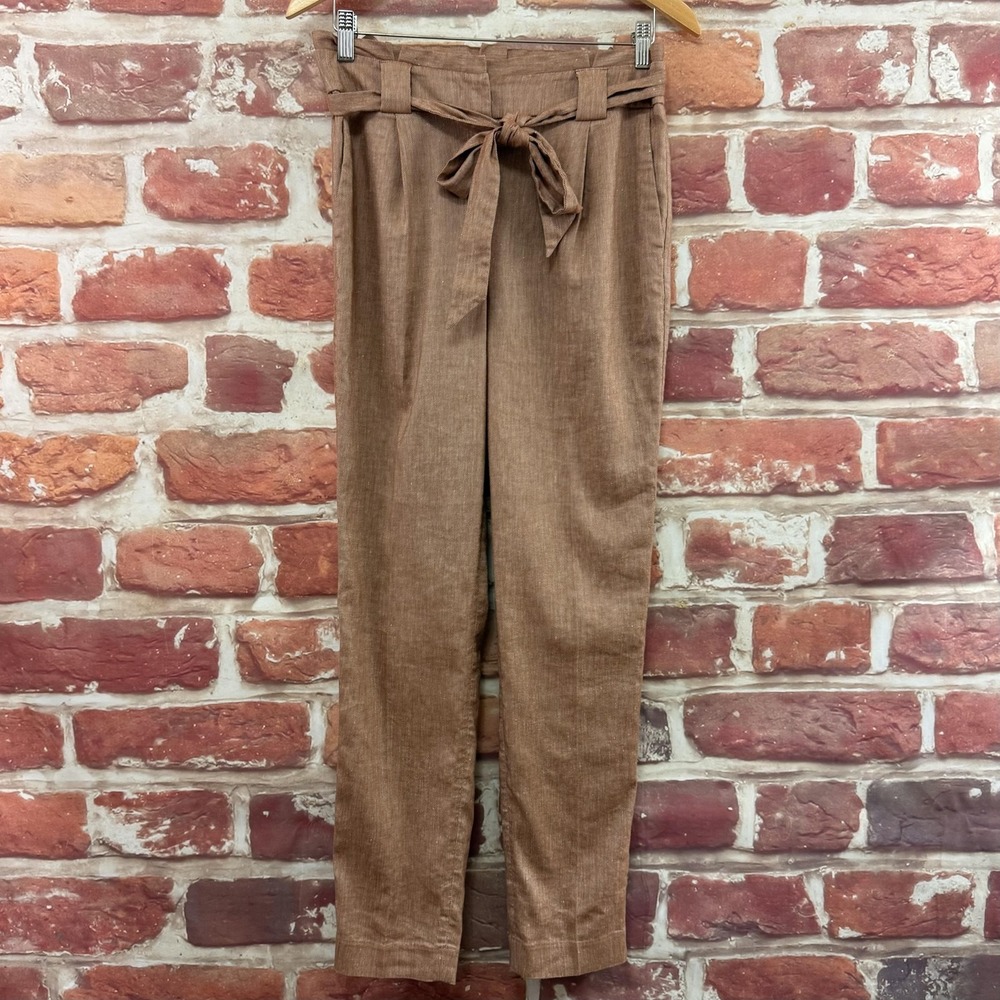 Express Ankle High Rise Pants Women's 6L Brown Tie Waist Linen Blend Trousers